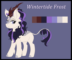 Size: 1280x1060 | Tagged: safe, artist:ladyenfield, imported from derpibooru, oc, oc:wintertide frost, kirin, big ears, cloven hooves, cute, emotionless, female, kirin oc, leonine tail, looking at you, mane, reference sheet, simple background, solo