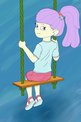 Size: 1500x2250 | Tagged: safe, artist:tahublade7, imported from derpibooru, lily pad (equestria girls), equestria girls, clothes, looking at you, ponytail, sandals, shirt, shorts, solo, swing, t-shirt