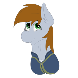 Size: 4000x4000 | Tagged: safe, artist:zeronitroman, imported from derpibooru, oc, oc:littlepip, fallout equestria, adorable littlepip, brown mane, bust, clothes, commission, commissioner:rautamiekka, cute, cute smile, eyelashes, female, gray coat, green eyes, looking up, mare, muscles, shirt, simple background, smiling, solo, transparent background, undershirt, vault suit