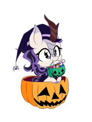 Size: 640x853 | Tagged: safe, artist:blurry-kun, imported from derpibooru, oc, oc:wintertide frost, kirin, spider, big ears, candy, chibi, clothes, cloven hooves, commission, costume, cute, daaaaaaaaaaaw, female, filly, food, halloween, hat, holiday, jack-o-lantern, kirin oc, kirinbetes, mane, ocbetes, pumpkin, simple background, solo, transparent background, trick or treat, vector, witch costume, witch hat