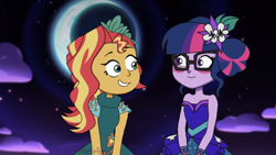 Size: 640x360 | Tagged: safe, artist:entraptology, edit, edited screencap, imported from derpibooru, screencap, sci-twi, sunset shimmer, twilight sparkle, equestria girls, legend of everfree, amity blight, bare shoulders, blushing, clothes, cute, dress, duo, duo female, female, flower, flower in hair, gala dress, glasses, lesbian, luz noceda, moon, night, scitwishimmer, shipping, sleeveless, strapless, sunsetsparkle, the owl house