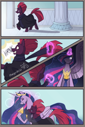 Size: 800x1200 | Tagged: safe, artist:mangoshibi, imported from derpibooru, fizzlepop berrytwist, tempest shadow, twilight sparkle, alicorn, pony, unicorn, the last problem, broken horn, castle, clothes, column, comic, corridor, crown, cute, female, females only, horn, jewelry, laughing, lesbian, magic, mare, older, older twilight, peytral, princess twilight 2.0, pulling, regalia, scared, scarf, shipping, size difference, sparkles, sweat, sweating profusely, telekinesis, tempestbetes, tempestlight, twiabetes, twilight sparkle (alicorn)