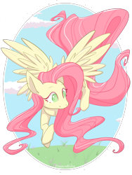 Size: 1500x2000 | Tagged: safe, artist:lucaria448, imported from derpibooru, fluttershy, pegasus, pony, female, flying, grass, head turned, looking away, mare, outdoors, partial background, sidemouth, sky, smiling, solo, spread wings, wings