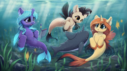 Size: 1280x720 | Tagged: safe, artist:hitbass, imported from derpibooru, oc, oc only, fish, narwhal, seapony (g4), blue eyes, bubble, crepuscular rays, female, fin wings, fins, fish tail, flowing mane, flowing tail, high res, horn, looking at each other, male, notebook, open mouth, pencil, purple eyes, research, seaweed, sunlight, swimming, tail, underwater, water, wings, yellow eyes