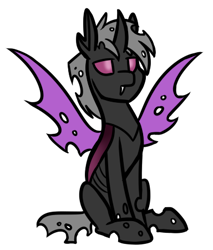 Size: 384x450 | Tagged: artist needed, safe, imported from derpibooru, oc, oc:daring shephard, changeling, fangs, male, purple changeling, simple background, sitting, transparent background