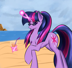 Size: 1280x1209 | Tagged: safe, artist:renarde-louve, imported from derpibooru, twilight sparkle, pony, unicorn, beach, drink, female, glasses, magic, mare, solo, straw, telekinesis, unicorn twilight