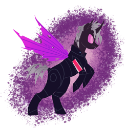 Size: 1070x1086 | Tagged: artist needed, safe, imported from derpibooru, oc, oc:daring shephard, changeling, fangs, male, mass effect, purple changeling, simple background, sitting, transparent background