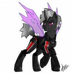 Size: 625x625 | Tagged: artist needed, safe, imported from derpibooru, oc, oc:daring shephard, changeling, fangs, male, mass effect, purple changeling, simple background, sitting, transparent background