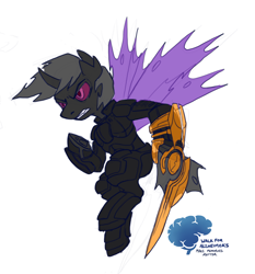 Size: 750x805 | Tagged: artist needed, safe, imported from derpibooru, oc, oc:daring shephard, changeling, fangs, male, mass effect, purple changeling, simple background, sitting, transparent background