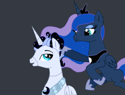 Size: 1000x761 | Tagged: safe, artist:sajimex, imported from derpibooru, princess luna, oc, oc only, oc:lun-4r-bot, alicorn, duo, female, hairdresser, male, mare, stallion
