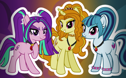 Size: 1600x1000 | Tagged: safe, artist:amgiwolf, imported from derpibooru, adagio dazzle, aria blaze, sonata dusk, earth pony, pony, unicorn, abstract background, choker, equestria girls ponified, eyelashes, female, grin, hooves to the chest, jewelry, mare, necklace, ponified, smiling, smirk, spiked wristband, the dazzlings, wristband