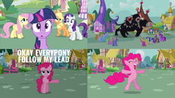 Size: 1986x1117 | Tagged: safe, edit, edited screencap, editor:quoterific, imported from derpibooru, screencap, applejack, berry punch, berryshine, bon bon, carrot top, cerberus (character), cherry berry, comet tail, daisy, flower wishes, fluttershy, golden harvest, linky, neon lights, pinkie pie, ponet, rarity, rising star, shoeshine, sweetie drops, twilight sparkle, cerberus, earth pony, pegasus, pony, unicorn, it's about time, applejack's hat, bipedal, cowboy hat, hat, multiple heads, open mouth, roar, screaming, shocked, three heads, unicorn twilight