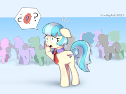 Size: 852x638 | Tagged: safe, artist:vinilyart, imported from derpibooru, coco pommel, earth pony, pony, crowd, female, generic pony, missing accessory, solo focus, speech bubble