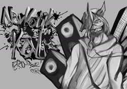 Size: 1720x1214 | Tagged: safe, artist:ero-bee, imported from derpibooru, oc, oc only, oc:ero-bee, unicorn, beard, clothes, facial hair, gray background, grayscale, hat, horn, loudspeaker, male, monochrome, rule 63, signature, simple background, solo, unicorn oc