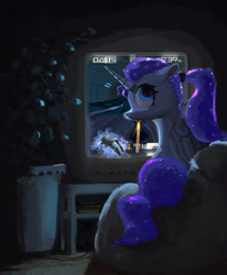 Size: 1981x2400 | Tagged: safe, artist:filly909, artist:maehitshape, imported from derpibooru, princess luna, alicorn, pony, gamer luna, alternate hairstyle, beanbag chair, female, gaming, mare, ponytail, sitting, solo