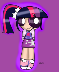 Size: 956x1168 | Tagged: safe, artist:iivividz, imported from derpibooru, twilight sparkle, human, arm behind back, clothes, female, humanized, purple background, shoes, signature, simple background, skirt, smiling, solo, the powerpuff girls