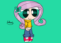 Size: 1404x1004 | Tagged: safe, artist:iivividz, imported from derpibooru, fluttershy, human, clothes, eyelashes, female, hairclip, humanized, pants, shoes, signature, smiling, solo, the powerpuff girls