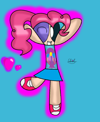 Size: 956x1168 | Tagged: safe, artist:iivividz, imported from derpibooru, pinkie pie, human, blue background, clothes, female, heart, humanized, one eye closed, shoes, signature, simple background, skirt, smiling, solo, the powerpuff girls, wink