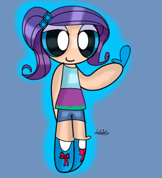 Size: 784x860 | Tagged: safe, artist:iivividz, imported from derpibooru, rarity, human, blue background, clothes, female, humanized, shoes, shorts, signature, simple background, smiling, solo, the powerpuff girls