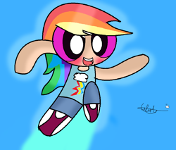 Size: 1010x860 | Tagged: safe, artist:iivividz, imported from derpibooru, rainbow dash, human, blue background, blushing, clothes, crossover, female, humanized, open mouth, pants, shoes, signature, simple background, smiling, solo, the powerpuff girls