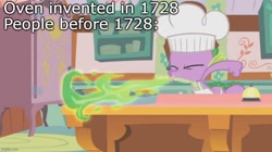 Size: 888x499 | Tagged: safe, edit, edited screencap, imported from derpibooru, screencap, spike, dragon, a bird in the hoof, apron, caption, chef, clothes, dragonfire, eyes closed, fire, fire breath, image macro, imgflip, male, meme, naked apron, solo, text, watermark