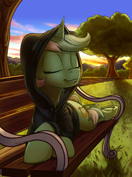 Size: 1494x2000 | Tagged: safe, artist:tsitra360, imported from derpibooru, lyra heartstrings, pony, unicorn, bench, clothes, dig the swell hoodie, eyes closed, hoodie, lying down, prone, smiling, solo, sunset, underhoof