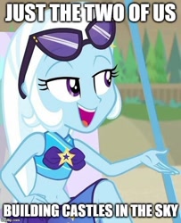 Size: 550x677 | Tagged: safe, imported from derpibooru, screencap, trixie, human, equestria girls, equestria girls series, forgotten friendship, beach, beach babe, belly button, bill withers, caption, clothes, cropped, cute, diatrixes, female, grover washington jr., image macro, just the two of us, midriff, open mouth, solo, song reference, sunglasses, swimsuit, text