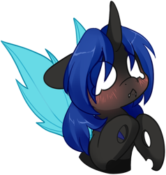 Size: 1000x1052 | Tagged: safe, artist:loyaldis, imported from derpibooru, oc, oc only, oc:swift dawn, changeling, pony, adorkable, begging, blue changeling, blue eyes, blushing, changeling oc, commission, cute, dork, fangs, floppy ears, horn, male, ocbetes, simple background, solo, stallion, transparent background, white eyes, wings, ych result