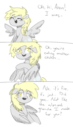 Size: 744x1291 | Tagged: safe, artist:tilling-tan, imported from derpibooru, derpy hooves, pegasus, pony, cute, derpabetes, dialogue, herbivore, implied anon, offscreen character, sad, sadorable