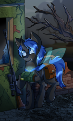 Size: 1700x2800 | Tagged: safe, artist:elmutanto, imported from derpibooru, oc, oc only, oc:swift dawn, changeling, pony, fallout equestria, alternate universe, bag, blue changeling, blue eyes, building, changeling oc, clothes, commission, confused, detailed background, fangs, frown, gun, high res, horn, male, pipbuck, rifle, ruins, saddle bag, sniper, sniper rifle, solo, spread wings, tree, wasteland, weapon, wings