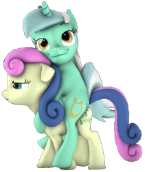 Size: 559x663 | Tagged: safe, imported from derpibooru, bon bon, lyra heartstrings, sweetie drops, pony, 3d, bon bon is not amused, cute, female, lesbian, lyra riding bon bon, lyrabetes, lyrabon, ponies riding ponies, riding, shipping, simple background, transparent background, unamused