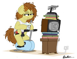 Size: 1024x793 | Tagged: safe, artist:bobthedalek, imported from derpibooru, oc, oc only, oc:bubble pump, earth pony, pony, book, exercise, exercise bike, food, ice cream, messy mane, television