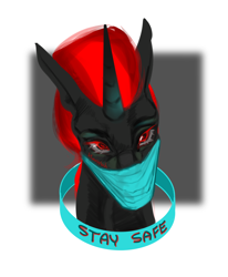 Size: 1764x2136 | Tagged: safe, artist:kiwwsplash, imported from derpibooru, oc, oc only, oc:dark star, pony, unicorn, abstract background, bust, face mask, horn, mask, solo, unicorn oc