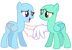 Size: 1548x1071 | Tagged: safe, artist:shiibases, imported from derpibooru, oc, oc only, pony, bald, base, duo, eyelashes, female, handshake, mare, simple background, smiling, transparent background, wing hands, wings