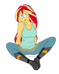 Size: 1280x1600 | Tagged: safe, artist:cadenreigns, imported from derpibooru, sunset shimmer, human, equestria girls, equestria girls series, boots, breasts, busty sunset shimmer, cleavage, clothes, high heel boots, open mouth, pants, platform shoes, shoes, signature, sitting