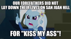 Size: 1280x714 | Tagged: safe, imported from derpibooru, trixie, equestria girls, rainbow rocks, impact font, kiss my ass, malcolm in the middle, meme, text