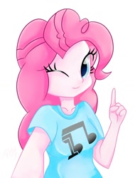 Size: 1000x1313 | Tagged: safe, artist:rivin177, imported from derpibooru, pinkie pie, equestria girls, breasts, busty pinkie pie, clothes, cute, diapinkes, female, looking at you, one eye closed, photo, pointing, ponk, selfie, shirt, simple background, smiling, solo, white background, wink