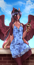 Size: 2060x3945 | Tagged: safe, artist:blackblood-queen, imported from derpibooru, oc, oc only, oc:daniel dasher, anthro, dracony, dragon, hybrid, pegasus, pony, unguligrade anthro, anthro oc, blue dress, clothes, cloud, crossdressing, digital art, dress, drink, eyeshadow, fangs, femboy, girly, makeup, male, open mouth, pegasus oc, sitting, sky, slit eyes, smiling, solo, stallion, wings