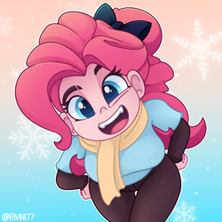 Size: 2500x2500 | Tagged: source needed, safe, artist:rivin177, imported from derpibooru, pinkie pie, anthro, earth pony, human, pony, equestria girls, big breasts, blue eyes, bowtie, breasts, busty pinkie pie, cartoon, clothes, open mouth, photo, pink hair, pinkie being pinkie, ponk, scarf, snow, snowflake, solo, thick, winter, winter outfit
