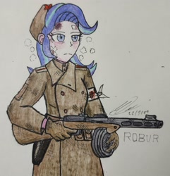 Size: 2891x3000 | Tagged: safe, artist:php71, imported from derpibooru, starlight glimmer, equestria girls, bandage, clothes, colored, gun, high res, injured, military, pale color, ppsh-41, solo, soviet union, stalingrad, submachinegun, uniform, weapon, winter, world war ii