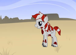 Size: 900x650 | Tagged: safe, artist:urmi charpstin, imported from derpibooru, oc, oc:lightning cloud, pegasus, pony, fallout equestria, fanfic:fallout equestria: lightning strikes twice, pony creator, colt, cutie mark, fallout, freckles, gray coat, male, pattern, red spots, solo, two toned mane, two toned tail, wasteland