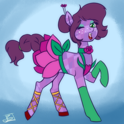 Size: 1280x1280 | Tagged: safe, artist:jitterbugjive, imported from derpibooru, oc, oc:amethyst rose, crystal pony, clothes, cocktail dress, commission, commissioner:alkonium, hairpin, lipstick, makeup, socks