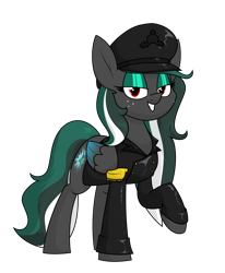 Size: 1400x1698 | Tagged: safe, artist:moonatik, imported from derpibooru, oc, oc only, oc:messer, pegasus, pony, clothes, commission, epaulettes, eyeshadow, female, freckles, hat, jacket, leather jacket, makeup, mare, peaked cap, pegasus oc, simple background, solo, transparent background, wings