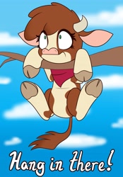Size: 2849x4096 | Tagged: safe, artist:mrneo, imported from derpibooru, arizona cow, cow, them's fightin' herds, bandana, community related, hang in there, hanging, neckerchief, solo, tree branch, underhoof
