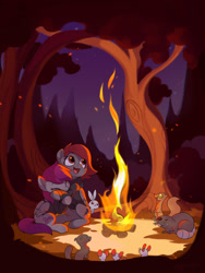 Size: 1955x2597 | Tagged: safe, artist:drtuo4, imported from derpibooru, oc, oc only, beaver, mouse, pegasus, rabbit, squirrel, animal, campfire, clothes, cuddling, female, females only, fire, forest, happy, hoodie, outdoors