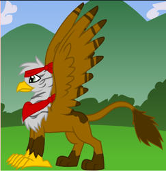 Size: 560x576 | Tagged: safe, artist:urmi charpstin, imported from derpibooru, oc, oc:gabe gooding, griffon, fallout equestria, fanfic:fallout equestria: lightning strikes twice, pony creator, accessories, brown fur, bushy tail, dark brown fur, dark gray fur, fallout, jade green eye, light gray fur, male, pattern, paws, red bandana, red scarf, solo, spread wings, wings, yellow beak, yellow claws