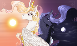 Size: 2000x1200 | Tagged: safe, artist:dementra369, imported from derpibooru, princess celestia, princess luna, alicorn, pony, bust, curved horn, duo, ethereal mane, fangs, female, horn, moon, royal sisters, siblings, sisters, sun