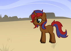 Size: 900x650 | Tagged: safe, artist:urmi charpstin, imported from derpibooru, oc, oc:cable cooper, pony, unicorn, fallout equestria, fanfic:fallout equestria: lightning strikes twice, pony creator, brown fur, crimson mane, crimson tail, cyan eyes, dark blue mane, dark blue tail, dark brown glasses, fallout, male, pattern, round glasses, two toned mane, two toned tail, wasteland