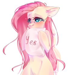 Size: 2000x2184 | Tagged: safe, artist:jun1313, imported from derpibooru, fluttershy, pegasus, pony, semi-anthro, bipedal, female, floppy ears, high res, holding, mare, messy mane, pillow, simple background, solo, transparent background, yes