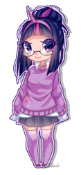 Size: 2331x5000 | Tagged: safe, artist:jun1313, imported from derpibooru, twilight sparkle, human, 2019, clothes, cutie mark, cutie mark on clothes, female, glasses, hair bun, hairband, horn, humanized, pigeon toed, pleated skirt, simple background, skirt, socks, solo, sweater, thigh highs, transparent background, zettai ryouiki